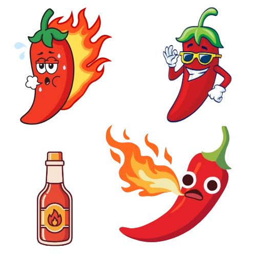 A collection of playful Sauce Mob chilli characters